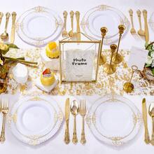 Elegant Black & Gold Rim Disposable Plates Set - Heavyweight Plastic Dinnerware For Parties & Events (102 Pieces) - Gold - View 4