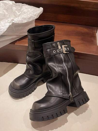 Punk Goth Women's Ankle Boots Fold Over Wedge Heel Booties Wide-Calf Short Shoes Fashion Motorcycle Boots