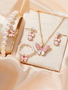 5 件套首饰套装，可爱蝴蝶吊坠项链、耳环、手链，适合少女，返校礼物，送给最好的朋友，金项链 - 彩色 - 查看 1
