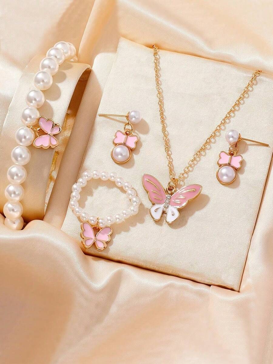 5 件套首饰套装，可爱蝴蝶吊坠项链、耳环、手链，适合少女，返校礼物，送给最好的朋友，金项链 - 彩色 - 查看 1