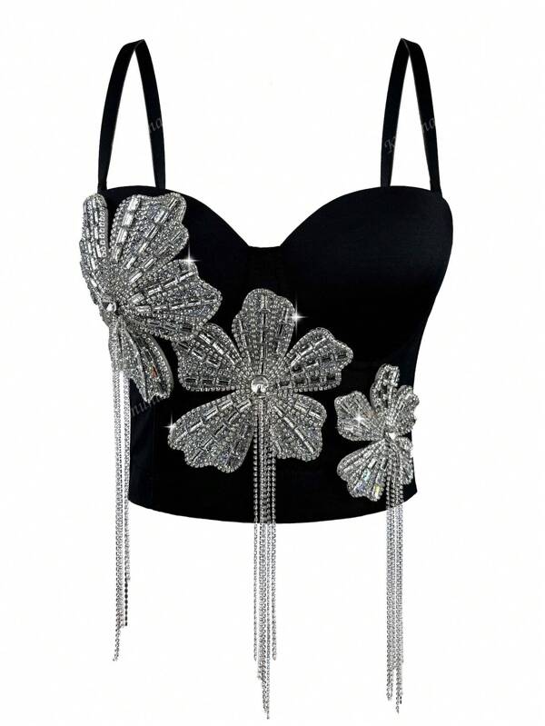 Top de camisola con diamantes negros brillantes y diseño de flor, corsé de espina de pescado sexy usado por fuera para mujer
