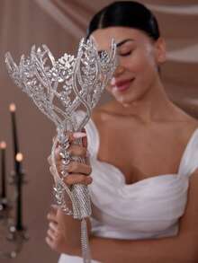 Rhinestone Floral Bridal Bouquet Accessory – Elegant Crystal Handheld Piece For Wedding Ceremony - Bạc - Xem 3