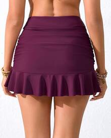 Shorts con falda de natación con volantes y fruncido de cintura alta, control de abdomen, Bottom de bikini tipo tankini para mujer Halcurt - Morado claro - Ver 8