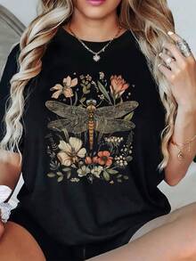 Floral Dragonfly Summer Boho Womens Graphic Tees - Black - View 2