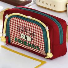 1pc Cute Cartoon Dog Pencil Bag Pen Case, Retro Plaid Pattern Large Capacity Storage Pouch For Stationery Student Back To School - Multicolor - View 17