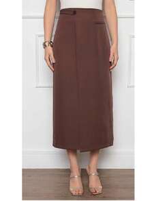W167 Women's Midi Skirt Side Detail Fake Pocket Zipper Back Simple Sexy Polyester Skirt Beach Evening Holiday Wedding Sports Office All - Marrom - 查看 2