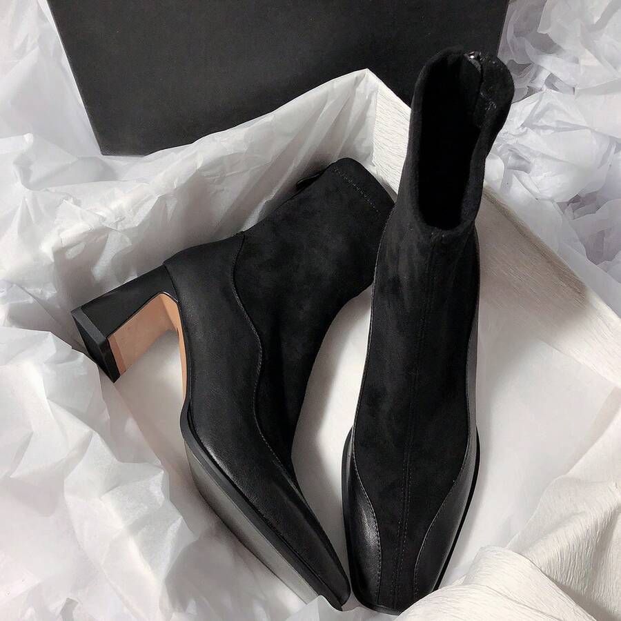 Bottines à talon épais bout carré patchwork extensibles bottes fines à talon haut célébrité internet amincissantes pour femmes - Noir - Voir 1