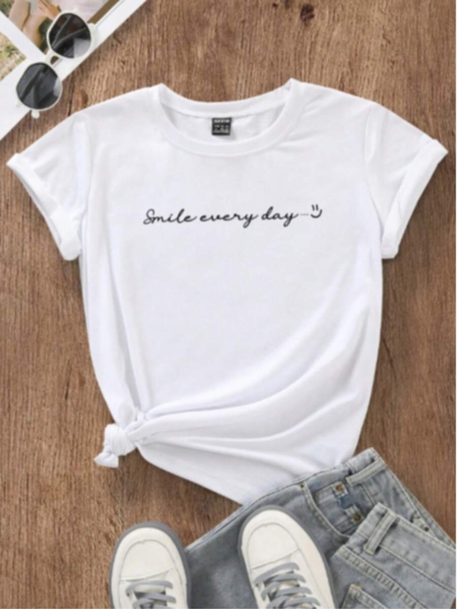 Women's T-Shirt With The Phrase "Smile Every Day" 100% New Release - 白色 - 查看 1