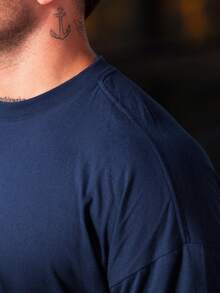Men's Oversized Plain Gym T-Shirt Unbranded Simple Turtleneck Ribbed 30.1 Combed Cotton Lightweight Gym - Navy Blue - View 3