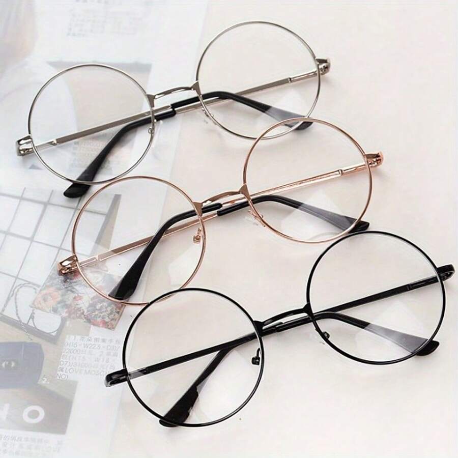 Local Shipping-2D Flat Korean Flat Lens Men And Women Anti-Blue Glasses [Retro Metal Glasses] 3pcs Retro Round Frame Metal Glasses |