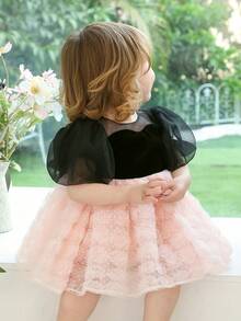 Baby Girls Bow Back Puff Sleeve Tulle Party Princess Dress, Suitable For Baby's 1st Birthday, Wedding, Party, Holiday Celebration - Pink - View 5