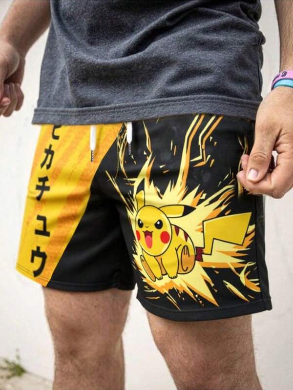 pokemon Men's Cartoon Print Casual Shorts, Minimalist Style Suitable For Summer