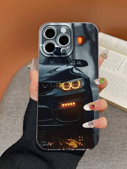 HANCAI 1pc Rainy Day Sports Car Yellow Headlight Essential Fashion Waterproof Anti-Fingerprint Anti-Scratch Transparent IMD Soft Glossy Smooth Phone Case Compatible With IPhone 16 ProMax/15/14/13/12/11