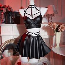 Sexy Strappy Leather Underwire Mini Choker Lingerie Set Skirts Dress With Thong 3 Piece Outfits - 黑色 - 查看 6