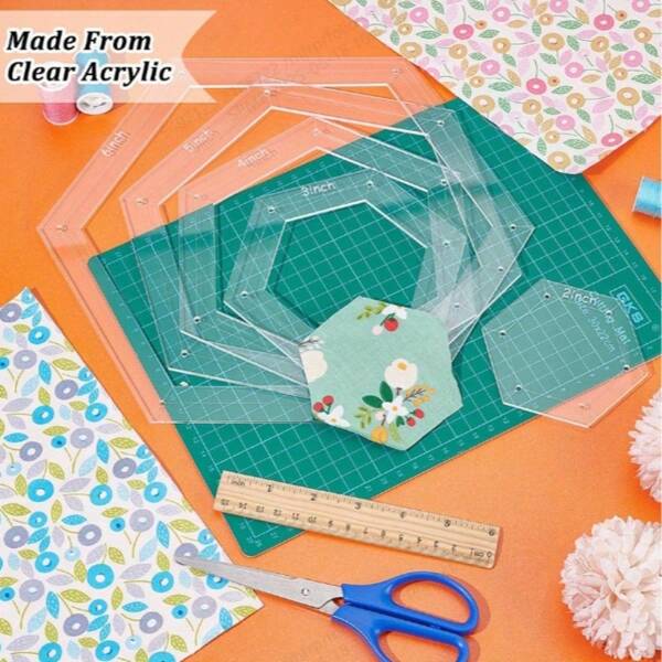 5pcs Hexagon Quilting Template Set, Acrylic, Clear, DIY Patchwork Cutting Craft Tools, 5 Sizes With 3.5mm Seam Allowance, Sewing Machine Rulers For Handmade Projects