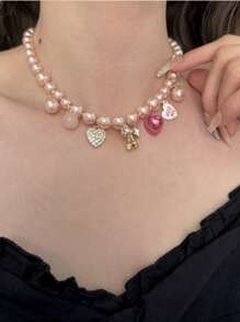 1 pieza Collar con corazón y lazo de perla de champán, elegante y de moda, collar de lujo ligero y delicado adorno de cadena para la clavícula