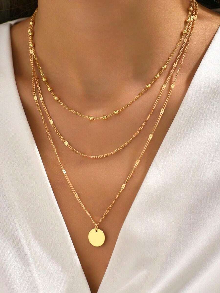 2pcs Layered Round Pendant Beaded Necklace For Women, Golden Color (Random Bead Quantity)