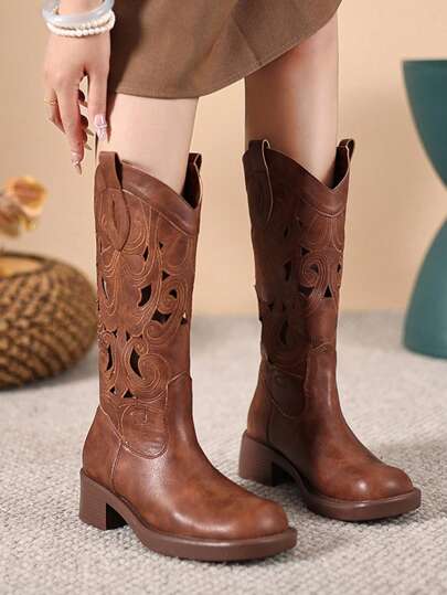 Women's Vintage Embroidered Brown Western-Style Square Toe Mid-Calf Cowboy Boots, Autumn/Winter Short Riding Boots With Thick Soles, Printed & Embroidered Fashionable Boots
