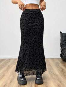 Falda larga estilo sirena de terciopelo floral negro para mujer - Negro - Ver 6