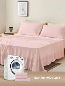 Juego de 3/4 piezas de sábana de bolsillo profundo de 14 pulgadas, incluye 1 sábana, 1 sábana ajustable, 1/2 fundas de almohada, de tela de poliéster fresca, adecuada para personas que duermen con calor, calidad de lujo de hotel, resistente a la contracción, lavable a máquina, para todas las estaciones, certificado Oeko-Tex - Rosa Pálido - Ver 7