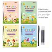 1/4pcs Magic Practice Copybook PreschoolsKids Calligraphy English With Free Aid Pen Grip ,Reusable Copybook DrawingToys ForChildren Montessori Pen Control Training Writing Sticker Learning EducationalToy KidsGift(Aid Pen Grip Color Random)