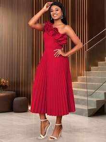 One Shoulder Frill Neck Pleated Dress Party Summer - Red - View 6