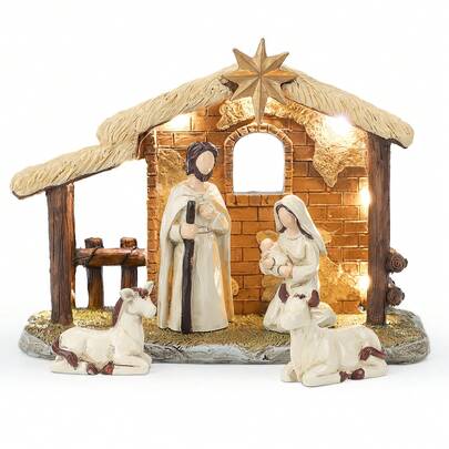 5-Piece Nativity Set With LED Lights - Scene With Manger & Christmas Decorations-Ideal For Indoor Christmas Decorations The Nativity Story Figures- Christian Religious Nativity Sets & Figures For Home Display, Tabletop Christmas Decorations Home Christmas Gifts Christmas Decor
