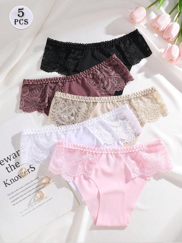 5pcs/Set Solid Color Lace Seamless Hipster Panties, Elegant And Sexy For Women