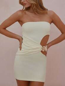 Women Conch Decor Cut Out Tube Mini Dress Y2K Strapless Off The Shoulder Hollow Out Bodycon Short Dress Summer Sexy Backless Sleeveless Elegent Going Out Dresses Cocktail Party Beach Vacation Bandeau Dress - 黃色 - 查看 8