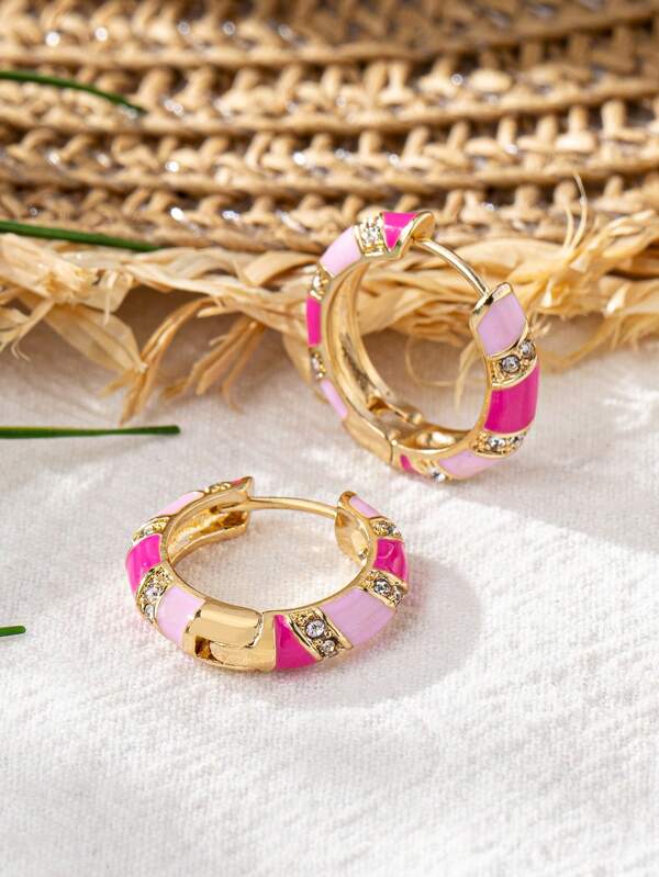 1 Pair Fashionable High-End Niche Versatile Elegant New Striped Diamond Pink Hoop Earrings