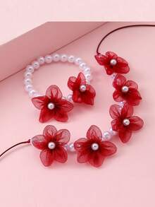 2 件花形纱线首饰套装，手工串珠珍珠手链和项链，可爱公主风格儿童配饰 - 均碼 - 查看 1
