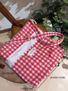 韩版红色格子甜美托特包，大容量可折叠单肩包，适合大学生校园通勤 - 紅色 - 查看 4