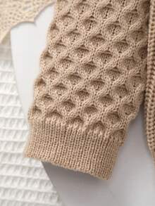 Baby Girls Classic Solid Color Warm Knitted Long Sleeve Sweater Jacket, Retro Style Suitable For Autumn/Winter Outings Or Daily Wear For Family Gatherings - Khaki - View 3