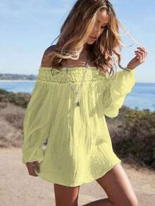 Blusa casual a maniche lunghe con un solo spallina e rouches, adatta a vacanze - Giallo - Visualizzare 3