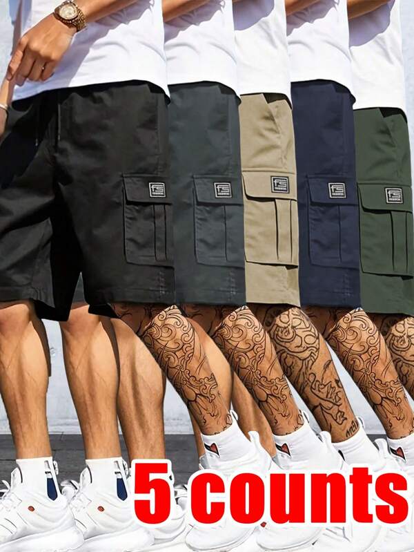 5 paquets de shorts cargo d'été pour hommes avec poches - couleurs unies (noir, gris foncé, marron clair, marine, vert olive), en tissu polyester, parfaits pour un style casual de rue et les activités de plein air