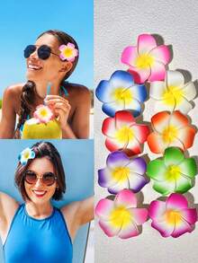 10pcs Random Hawaiian Flower Hair Clips, Artificial Flower Hair Clips For Women, Including Hibiscus, Lotus, Rose, Tulip, Suitable For Holiday Beach Parties, Summer Tropical Flower Hair Accessories, Girls Festival Gifts, Bohemian Style, Fashion Accessories, 8pcs Value Pack, Sturdy And Won't Fall Off, Suitable For Women And Girls, Flat Claw Clips - Multicolor - View 8