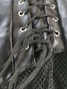 Women's Edgy Style PU Leather Lace-Up Mesh Panel Skinny Pants,Cropped Length,Size Up For Best Fit - màu đen - Xem 9