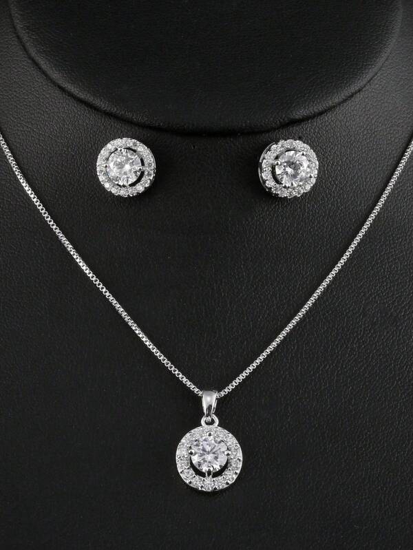 3pcs/Set Classic Round Cubic Zirconia Decorated Women Necklace And Earrings Jewelry Set