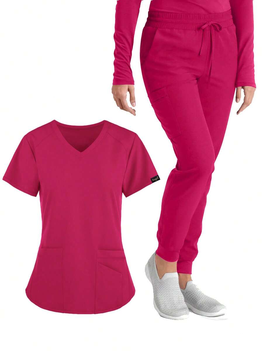 2-Piece Women's Solid Color Matte  Health Work Suit - Elastic And Breathable  Uniform With V-Neck Short-Sleeved Top And Drawstring Pants, Functional Pockets - Machine Washable, Durable, Suitable For Health Professionals - 玫紅色 - 查看 1