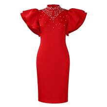 Women's Sexy Bodycon Dresses Ruffle Sleeve MockNeck Beaded Pear Pencil Midi Dresses - 紅色 - 查看 2