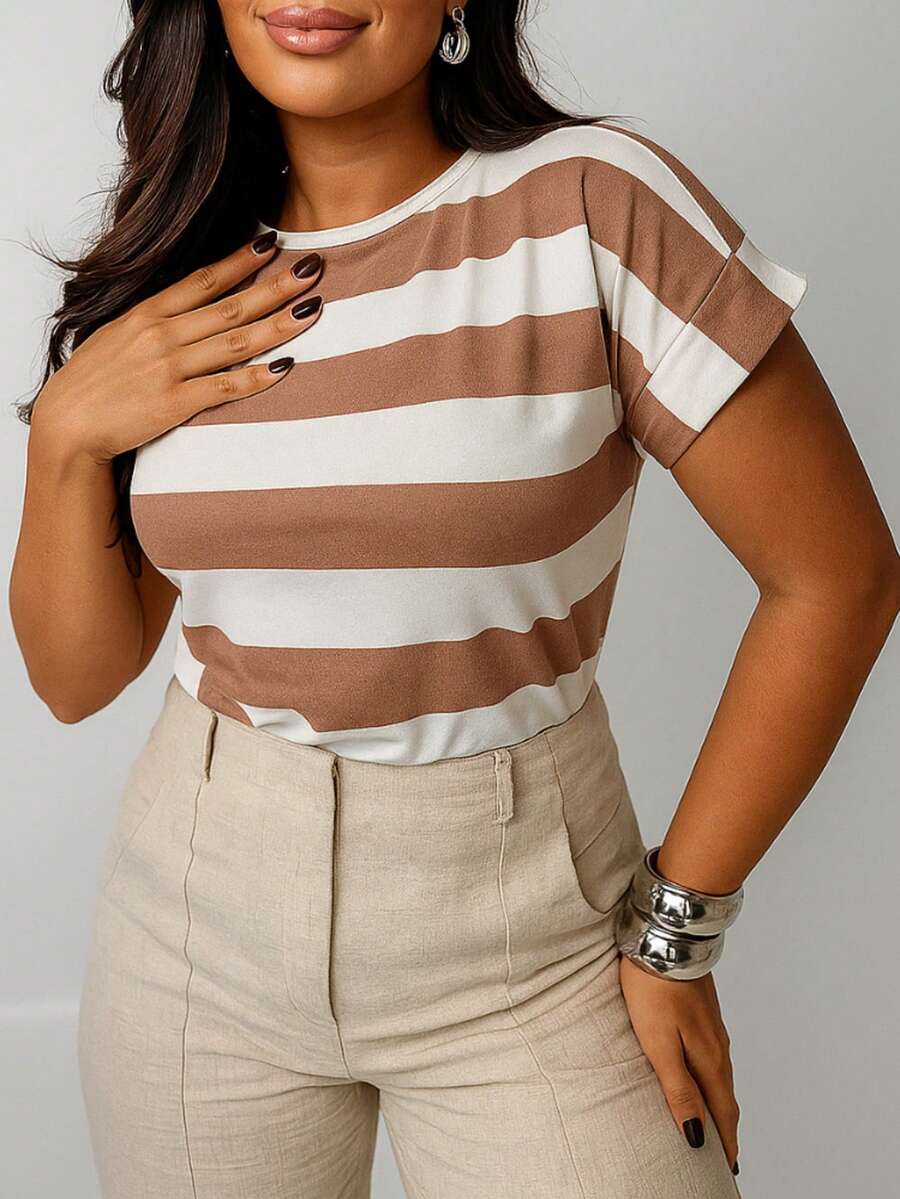 Short Sleeve Blouse Striped Round Neck Viscolaycra  Elegant Basic Tshirt - 條紋裸色 - 查看 1
