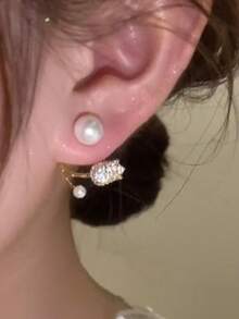 一对奢华水钻镶嵌郁金香和人造珍珠花朵耳钉，时尚百搭 - 彩色 - 查看 3