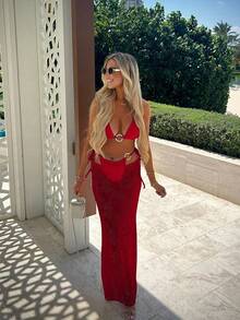 新款春夏性感优雅纯红色三件套比基尼，适合海滩度假派对约会 - 紅色 - 查看 1