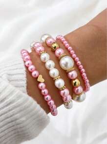 4pcs Set Heart Shaped Beaded Bracelets For Women, Bohemian Fashion Bangle Set