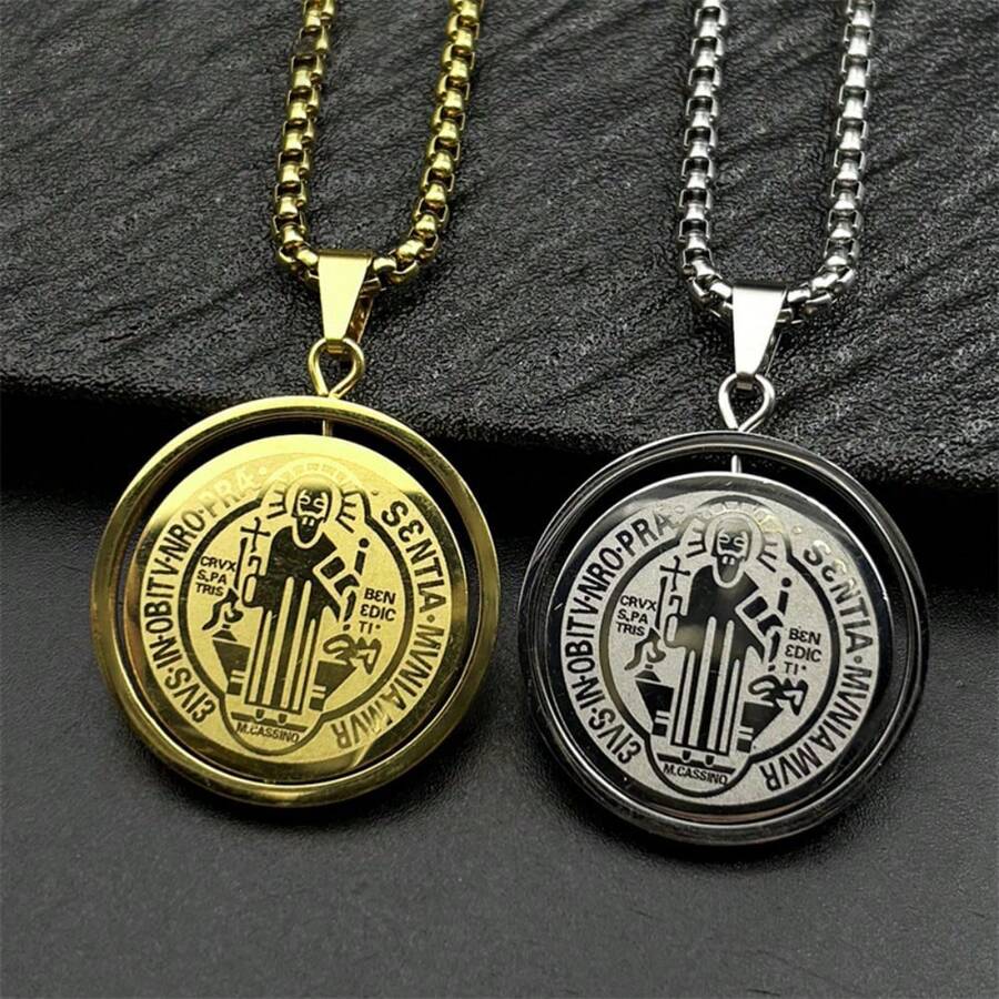 Rotatable St. Benedict Medal Necklace, Unisex, Stainless Steel Gold-Plated Chain Necklace, St. Benedict Jewelry - Necklace - View 1