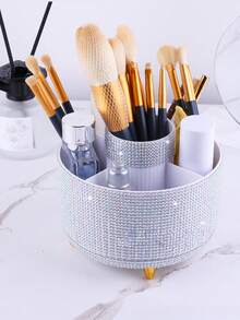 1pc Rotating Nail Brush Makeup Brush Organizer, Nail Art Tool Storage Rack, Tabletop Vanity Eyeshadow Brush Lipstick Holder With Diamond Lining - Multicolor - View 6