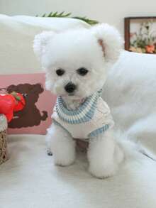 1 件宠物服装，狗/猫快乐小狗休闲时尚可爱舒适镂空针织毛衣 - 蓝色和白色 - 彩色 - 查看 3