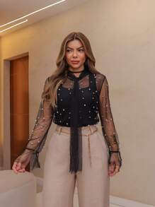 Tulle Blouse With Pearls, Long Flare Sleeve