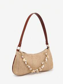 1pc Women's Retro Vacation Ocean Shell Pearl Woven Detachable Shoulder/Underarm Baguette Bag, Suitable For Date, Outing, Vacation