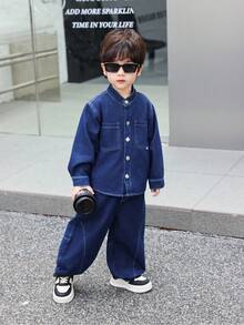 2 件套幼儿/小男孩宽松纯色牛仔夹克和裤子套装，适合日常、上学、户外、休闲装、秋季